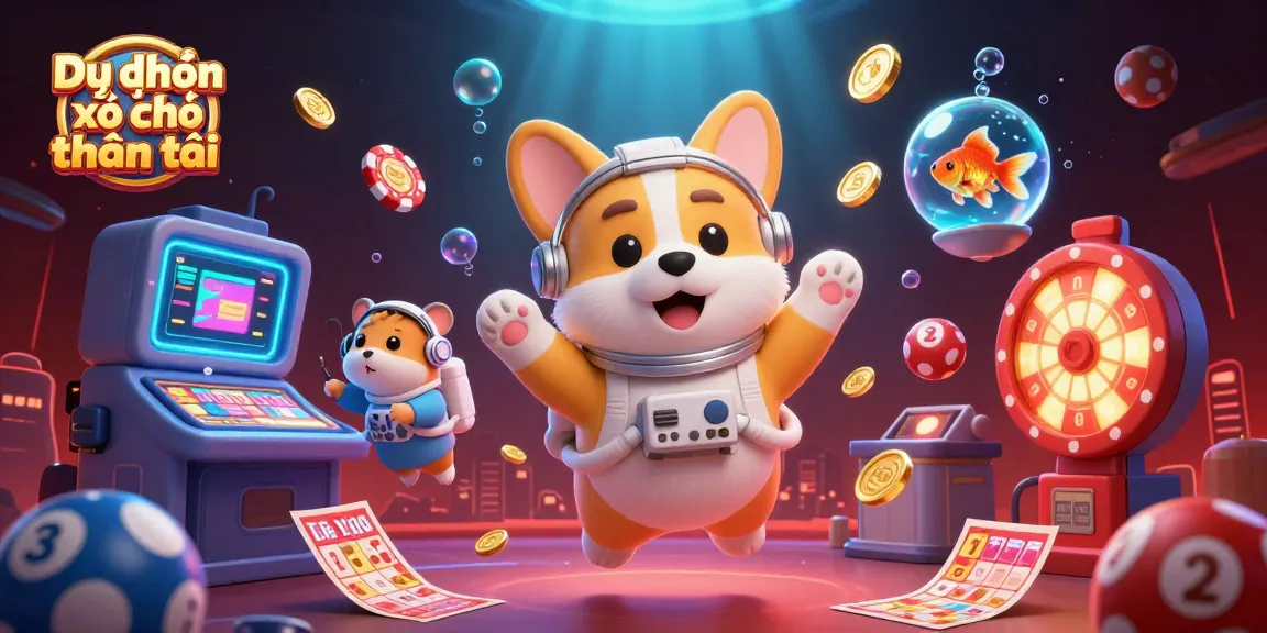 Dự đoán xổ số thần tài ticket revealed amidst vibrant space casino scene with floating characters and lottery elements.