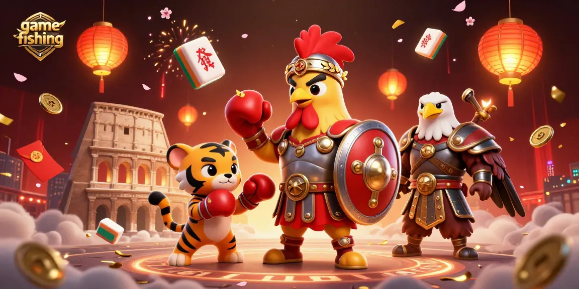 Engage in game fishing with a dynamic 3D illustration of a rooster gladiator and tiger cub sparring in the colosseum.