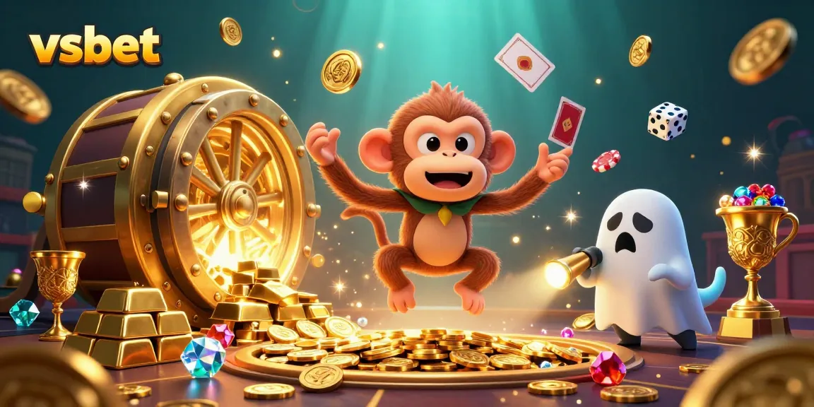 Engage with vsbet at the haunted casino where a mischievous monkey juggles golden treasures and a ghost-hunter puppy tracks its antics.