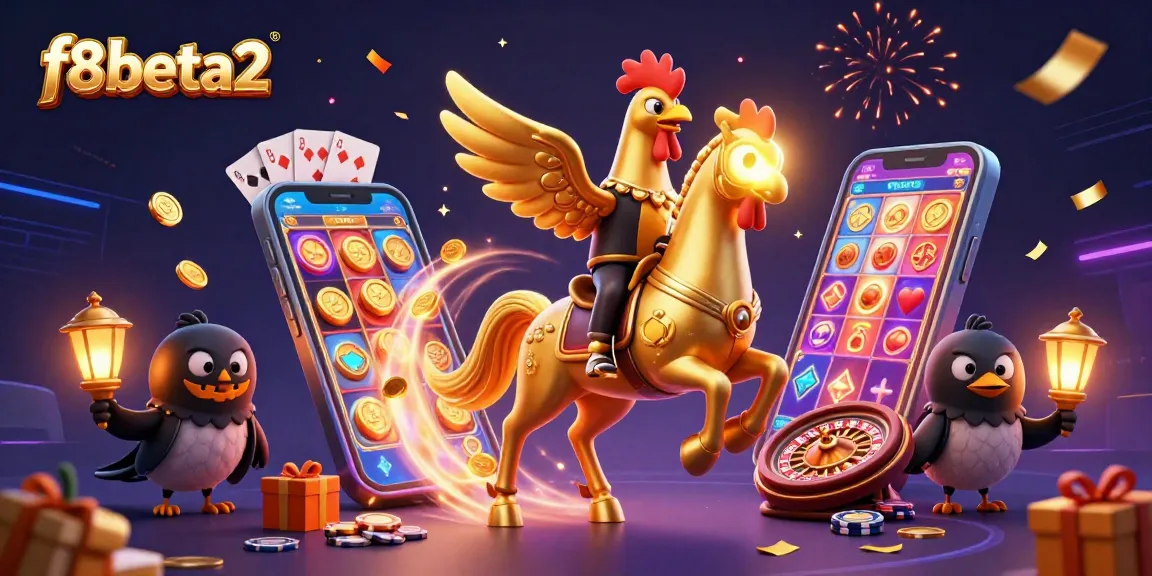 Engage with f8beta2 as a golden rooster rides through a vibrant midnight casino.