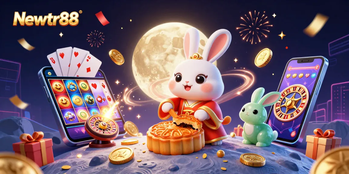 Place bets with Newtr88 amidst a festive scene of moon rabbits winning poker chips and gold.