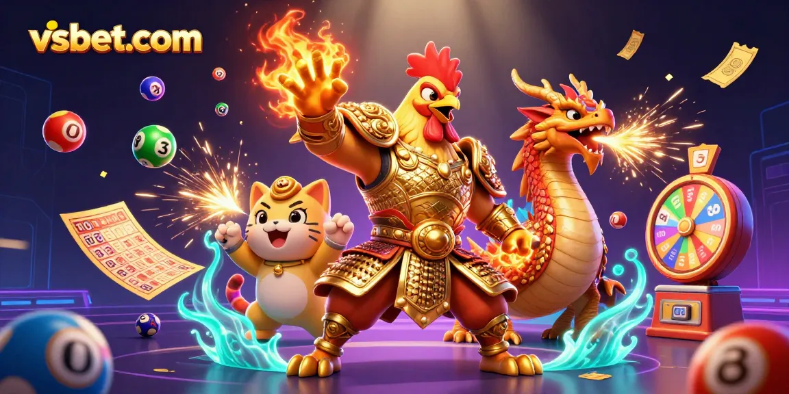 Experience the excitement of vsbet-com with a vibrant 3D illustration featuring a golden armored rooster warrior and energetic gaming elements.