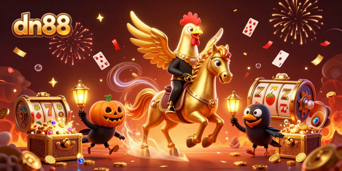 Spin the reels with dn88's winning rooster in a vibrant casino scene.