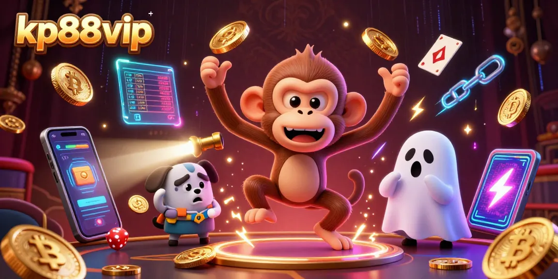 Catch the thrill at kp88vip with a playful poltergeist monkey juggling crypto coins in a vibrant casino.