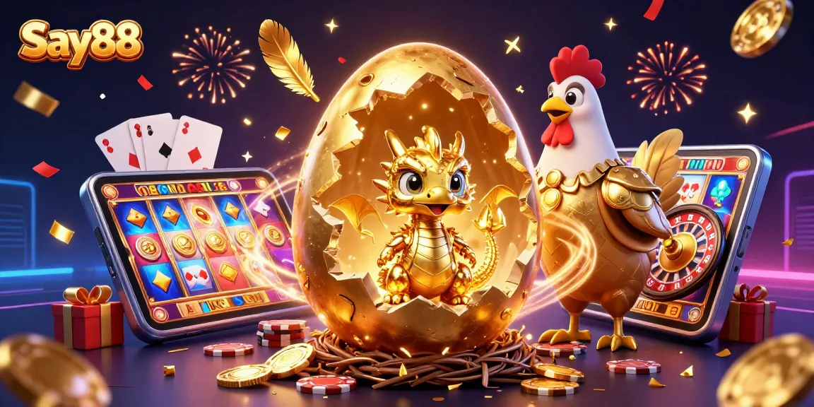 Experience the thrill of Say88 with a vibrant, 3D illustration of gaming excitement and treasures.
