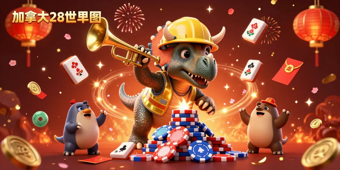 Experience vibrant celebration with 加拿大28走势图 featuring a triceratops celebrating wins.