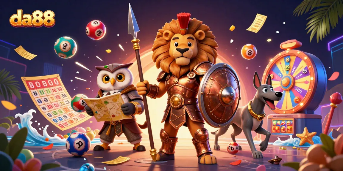 Experience thrilling gameplay at da88 with a dynamic scene of casino elements and cartoon characters.