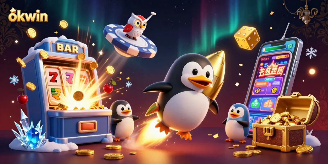 Experience thrilling wins with OKWIN's vibrant casino adventures featuring golden penguins and jackpot excitement!