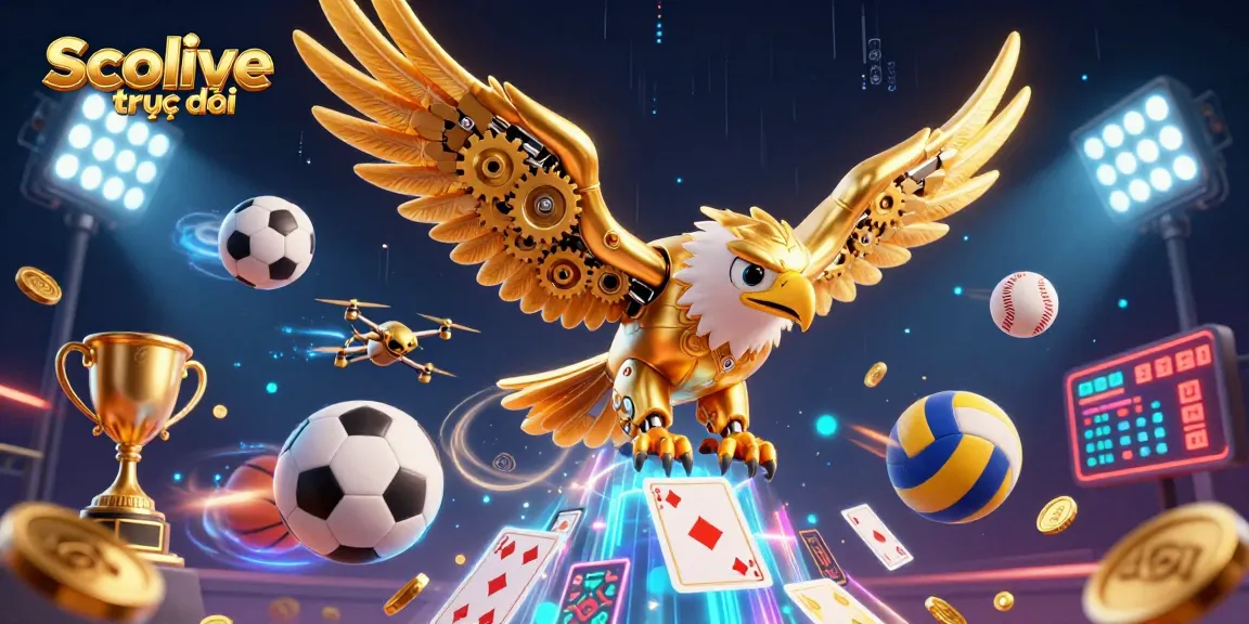Socolive trực tiếp showcases a thrilling 3D scene with a golden eagle among flying sports balls, capturing the excitement of live sports betting.