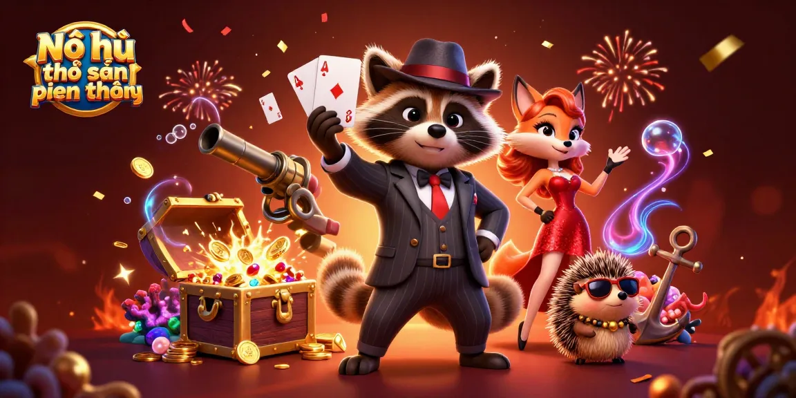 Nổ hũ thợ săn tiền thưởng showcases a lively scene with a suave raccoon and charming fox amidst exploding treasure.