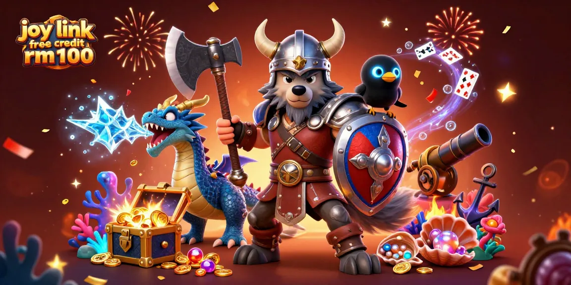 Engage with joy link free credit rm100 through a vibrant scene of a Viking wolf, a fierce dragon, and a glowing raven featuring dynamic gaming elements.