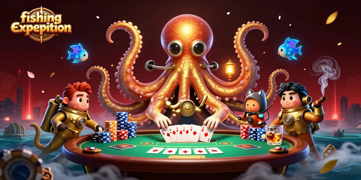 Experience an engaging fishing expedition with a kraken, diving cat, and dynamic poker setup.