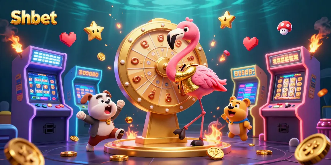 Shbet engages players with vibrant scenes of excitement, spinning a prize wheel and colorful games.