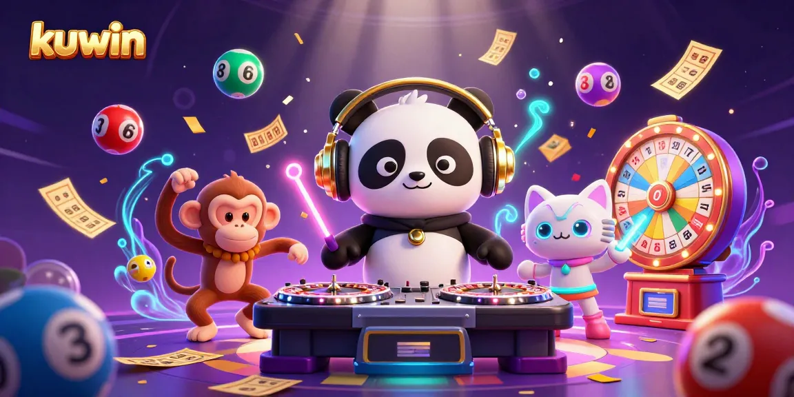 Kuwin celebrates with a DJ panda and friends in a vibrant casino scene filled with lottery elements.