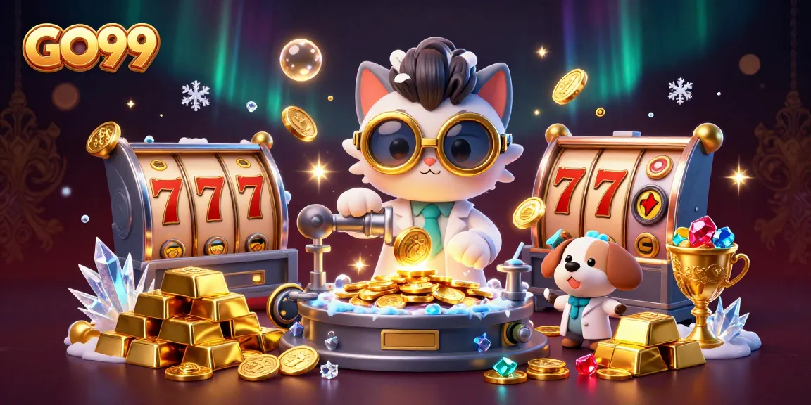 Experience GO99's casino thrills with a captivating 3D scene of a scientist and playful dog in a vibrant gambling lab.