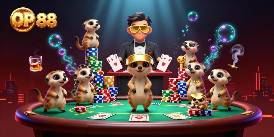 OP 88 meerkats managing a vibrant casino scene with poker tables and colorful chips.