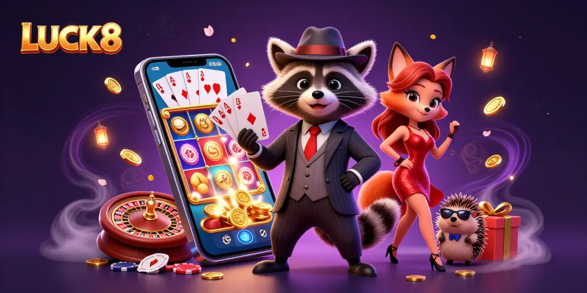 LUCK8 illustrates a vibrant casino scene with characters playing and enjoying games like slots and poker.