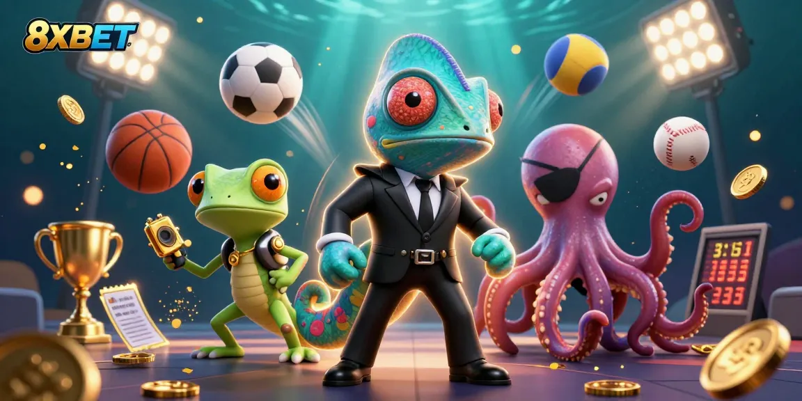 Engage with 8XBET's thrilling casino experience alongside dynamic secret agent characters in a rich 3D illustration.