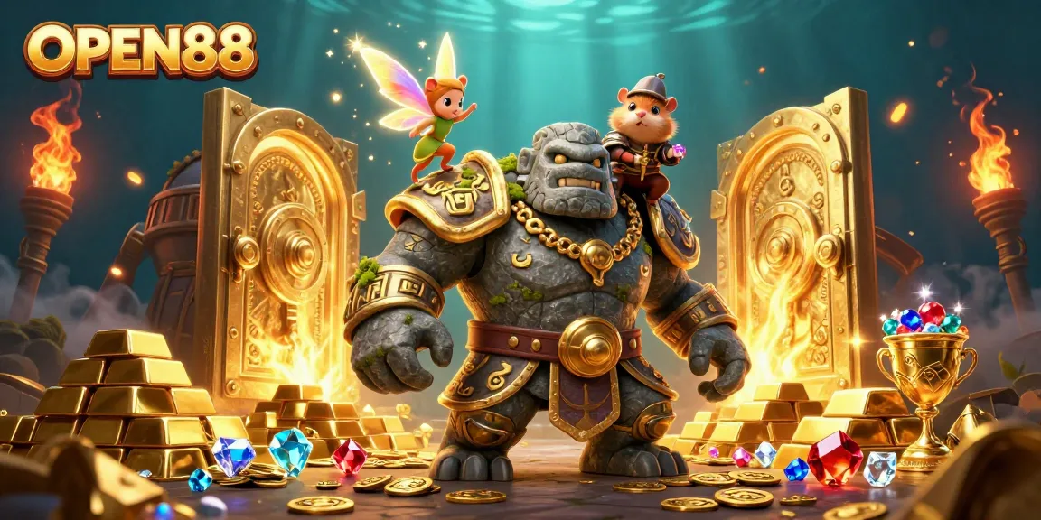 Engage with OPEN88's vibrant online casino experience featuring lively characters and treasures.