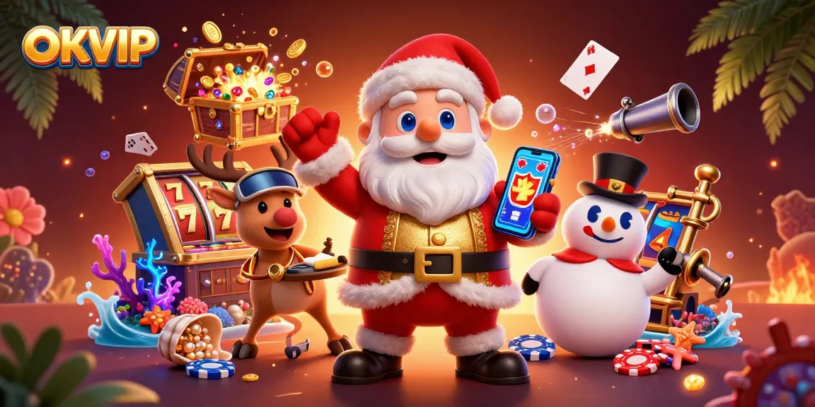 Experience the excitement of slots and jackpots with OKVIP's 3D casino illustration featuring dynamic characters.