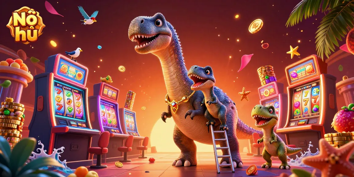 Nổ hũ jackpots burst with vibrant colors as a brontosaurus towers over a dynamic slot machine scene.