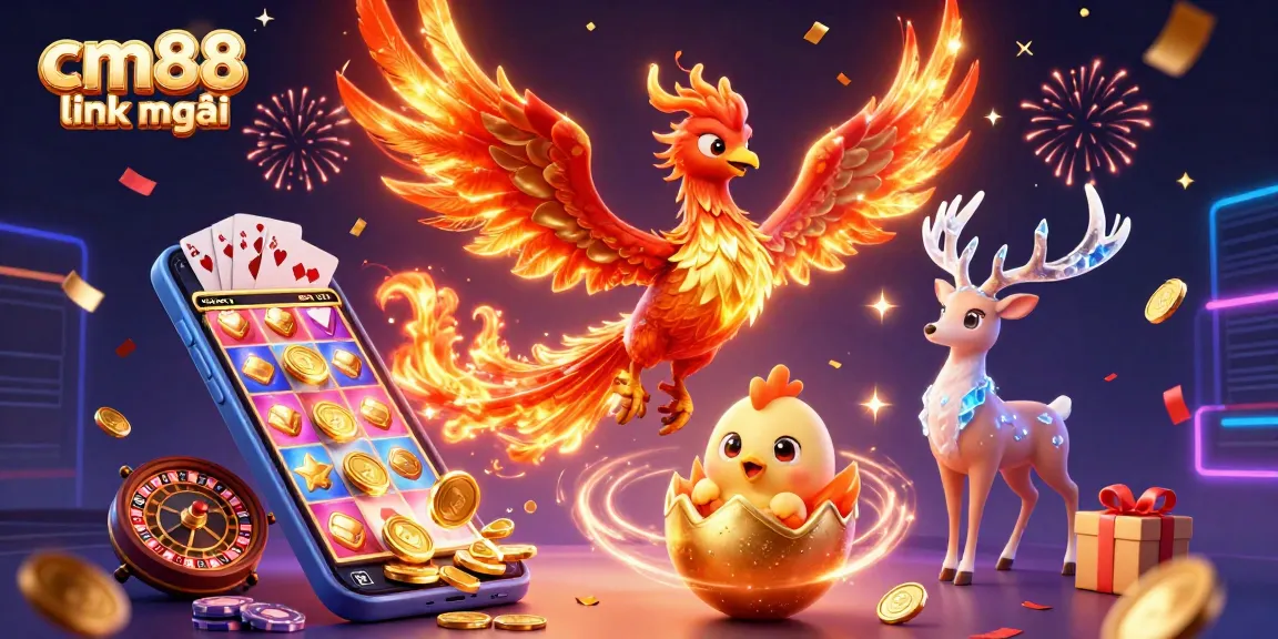 Claim your fortune with the cm88 link mới on a vibrant casino-themed illustration.
