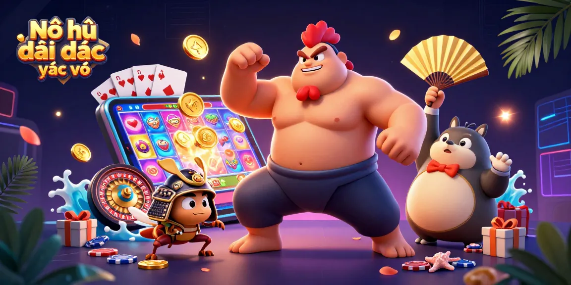 Nổ hũ đại dịch xác sống features a powerful sumo wrestler rooster and samurai cricket celebrating around a colorful slot game.