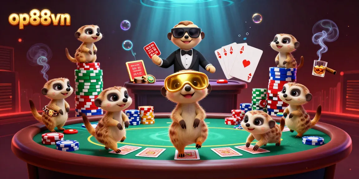 Experience the thrilling world of op88vn with playful meerkats at an elaborate casino.