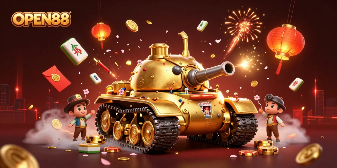 Experience the excitement of OPEN88 with a vivid display of a golden beetle tank casino packed with gaming elements.