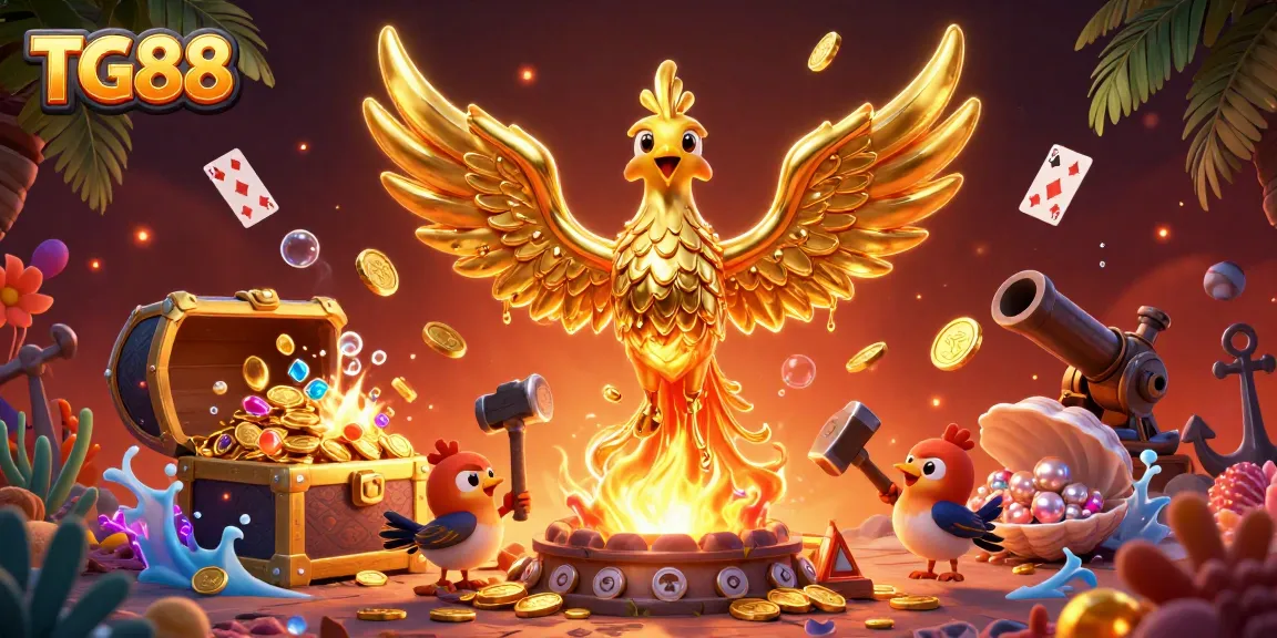 Experience the thrill at TG88 with a molten phoenix soaring amidst casino treasures.