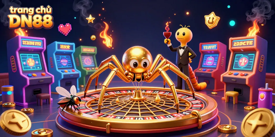 Engage with the exciting world of trang chủ DN88, featuring a golden spider and a centipede croupier in a vibrant casino scene.