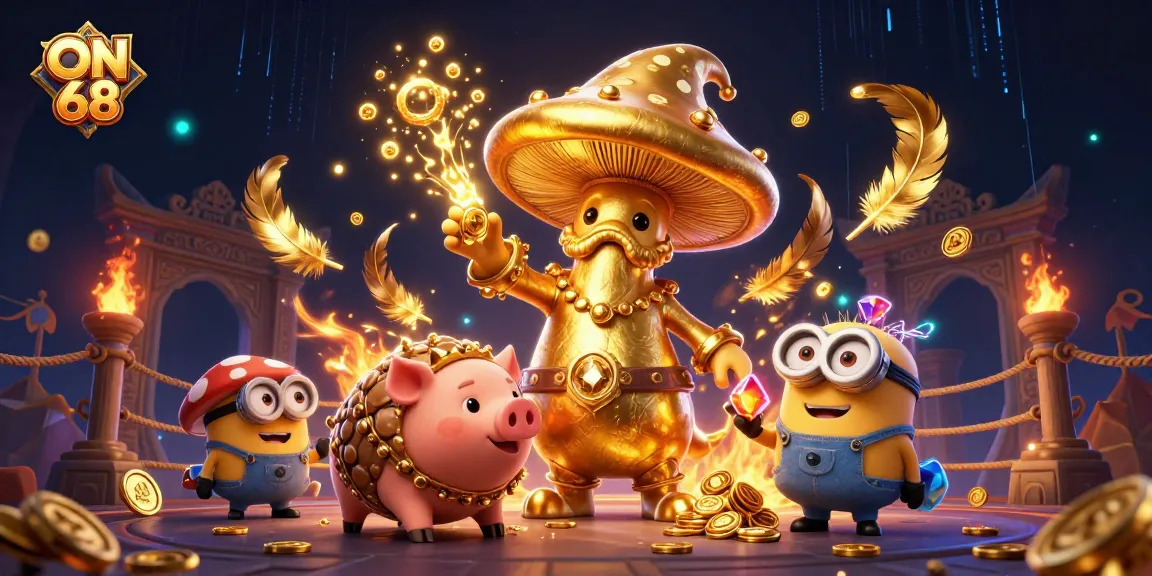 Experience the magic of ON 68 with a golden mushroom wizard and treasures in a dynamic casino realm.