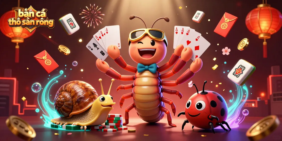 Bắn cá thợ săn rồng scene featuring a millipede dealer, snail high-roller, and vibrant casino elements.