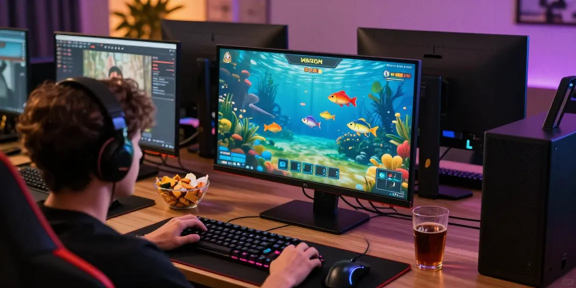 A player enjoys an exciting fishing game at 78wind.com, featuring vivid underwater visuals and gaming accessories.