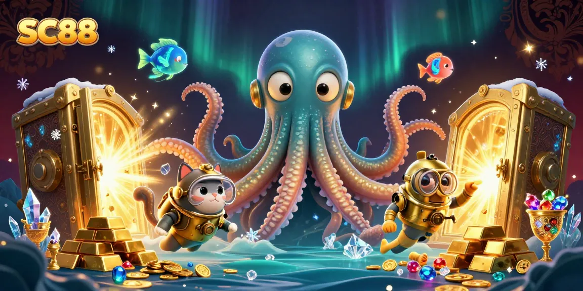 Engage with SC88's vibrant underwater treasure scene featuring a kraken and a diving cat.