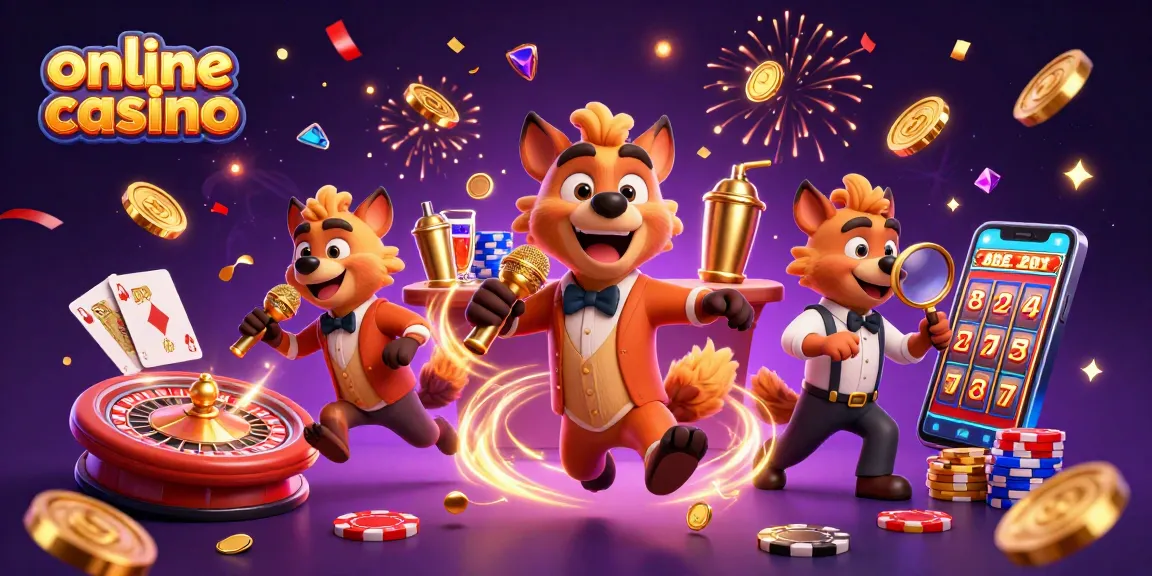 Hyenas entertain at a vibrant online casino with golden coins and games spinning.