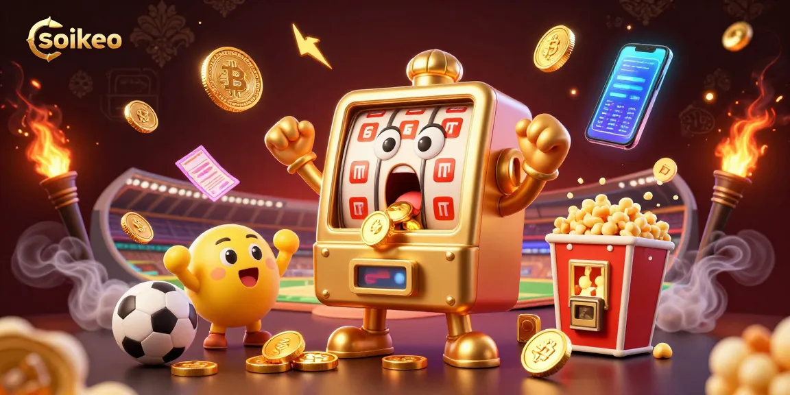 soikeo sports betting illustration featuring a golden slot machine hitting a jackpot
