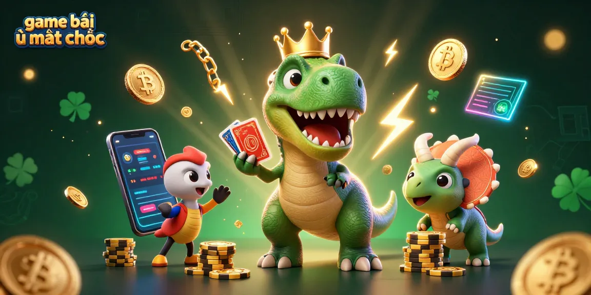 Engage in game bài ù mạt chược with a whimsical scene featuring cartoon dinosaurs and vibrant casino elements.