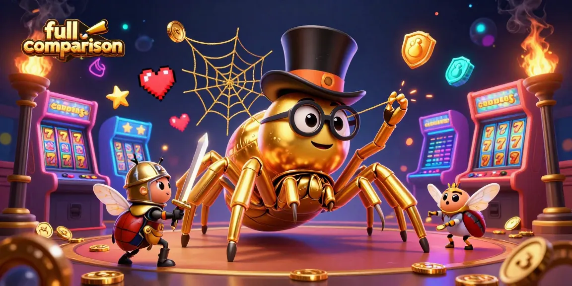Experience a full comparison of casino excitement with a vibrant 3D scene featuring a golden tarantula and beetle knight.