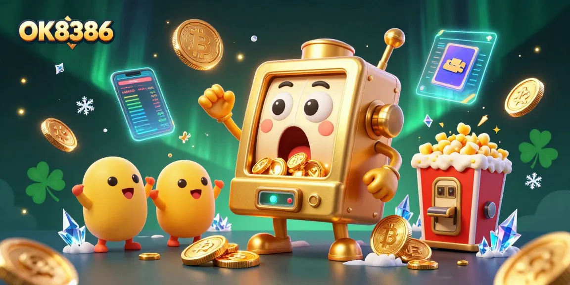 Watch OK8386's golden slot machine celebrate a jackpot in a vibrant, detailed 3D casino scene.