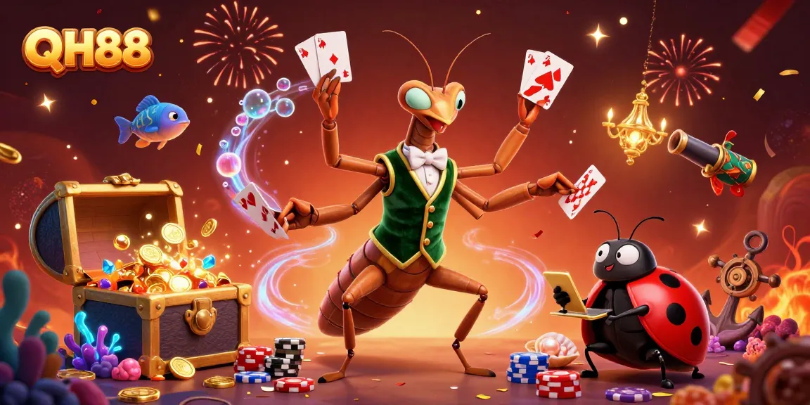 Engage with QH88's gaming excitement, featuring vibrant casino characters and underwater treasures.