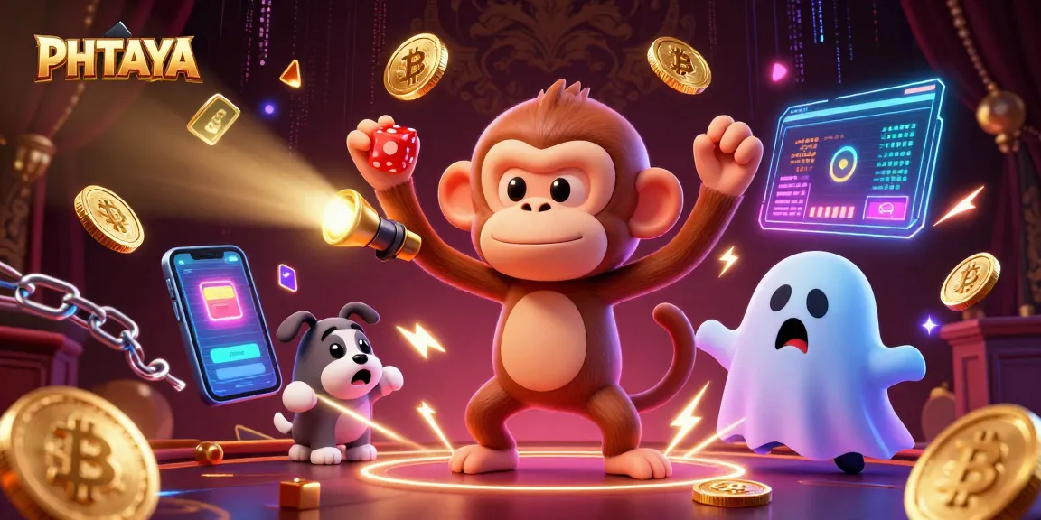 PHTAYA showcases a vibrant casino scene with a playful ghost monkey, embodying thrilling gaming energy.