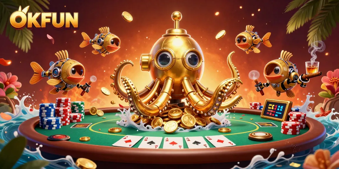 OKFUN players enjoying poker action with a golden kraken submarine in a treasure-filled scene.