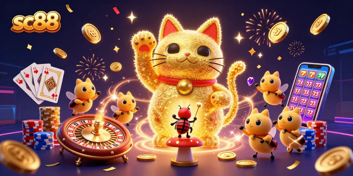 Spin and win with sc88 in this vibrant 3D casino illustration showcasing golden fireflies and luck symbols.