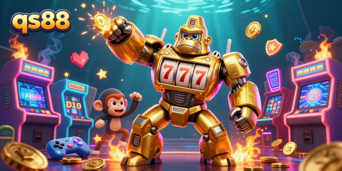 Experience thrilling action with qs88 as a golden gorilla mech punches upward, surrounded by vibrant gaming elements.