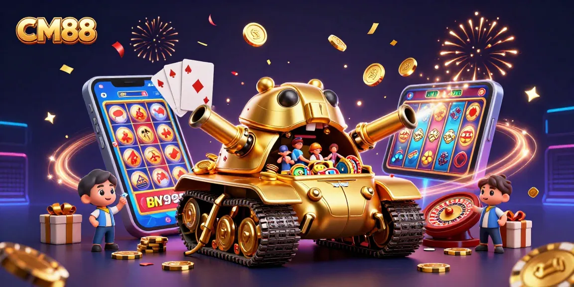 Experience the excitement of CM88 with a lively casino scene featuring a golden beetle tank and slots.