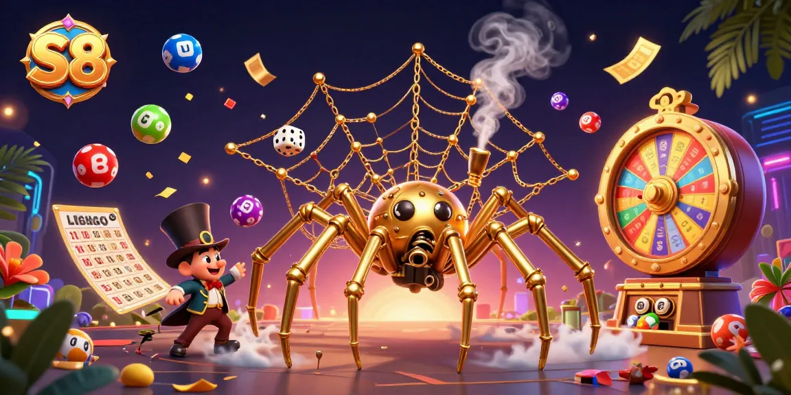 S8 entices players with a lively steampunk scene featuring golden chains and colorful lottery elements.