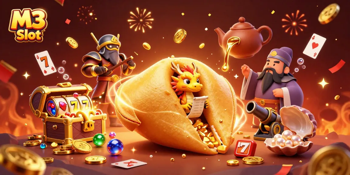 M3 Slot showcases a vibrant casino scene with a golden cookie, dragon, and dynamic slot game elements.