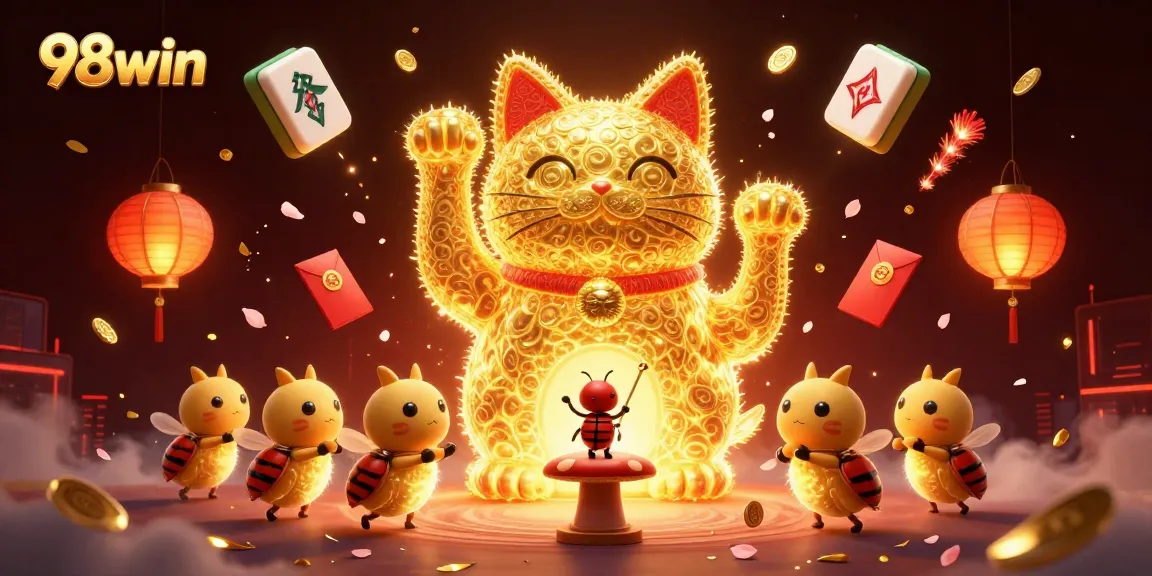 Experience the excitement of 98win with a captivating illustration featuring a lucky cat and vibrant casino elements.