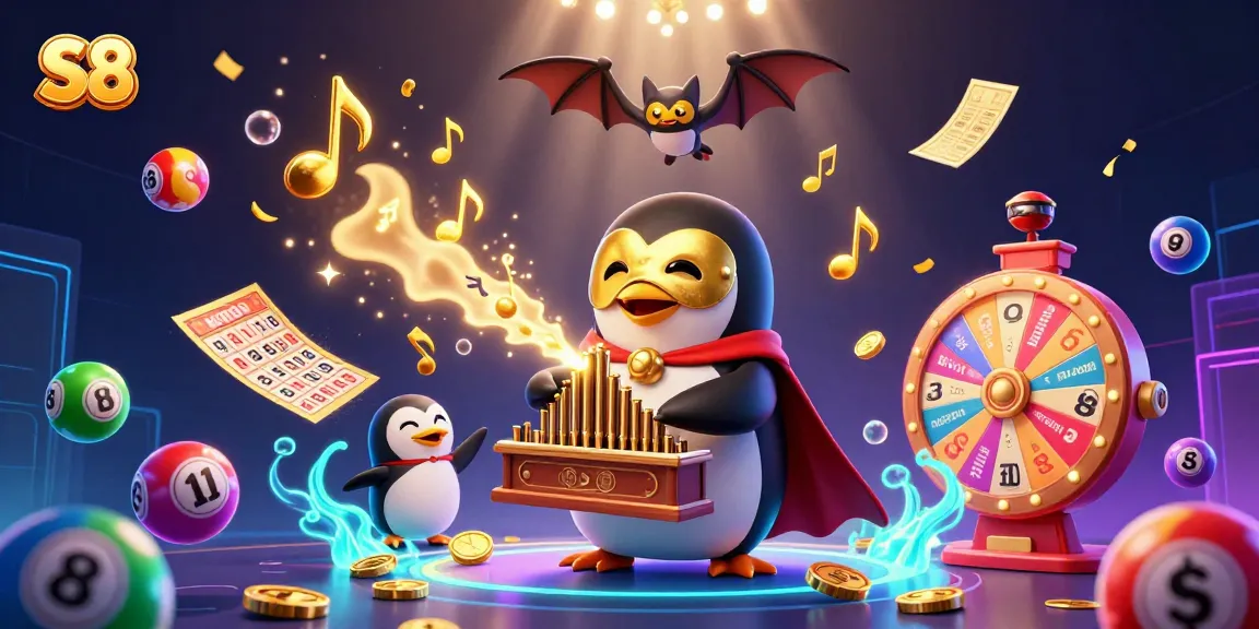 S8 offers thrilling casino experiences with colorful lottery balls and golden coins raining down in vibrant scenes.